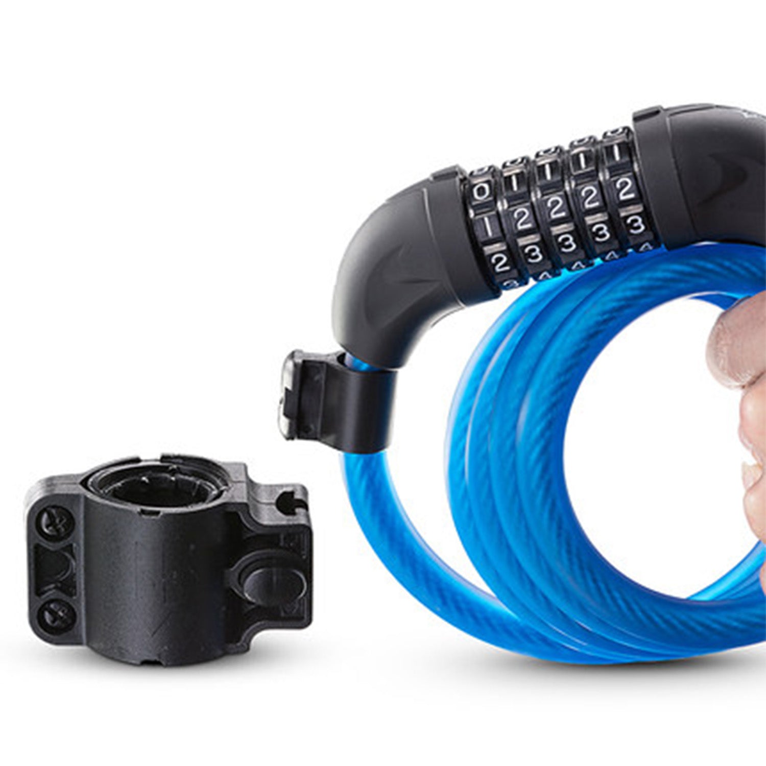 Image of the coiled 6 digit combination lock next to the bike attachment bracket