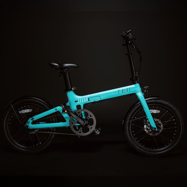 Image of the turquoise Carbon Fibre 250 viewed from the side