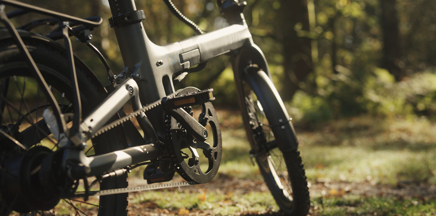 A low-angle image of the Carbon Fibre 250 folding E-Bike out in a forest with the sun reflecting off the black paint.