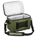 Image of the green softcool 15 coolbag with the lid open from a 3/4's angle