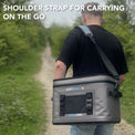 Image of the grey Softcool 15 coolbox being carried down a wooded path with the caption "Shoulder strap for carrying on the go"