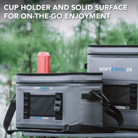 Lifestyle image of the grey softcool 25 and 15 next to each other and the caption "Cup holder and solid surface for on-the-go enjoyment