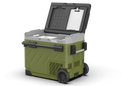 Open Green portable fridge freezer with wheels on a white background
