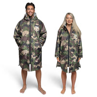 Front view image of a man and woman wearing the camo and grey T-Robe 