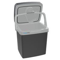 Image of the Eco-chill 24 grey coolbox with the lid open and being held in place by the handle