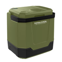 Image of the Eco-chill 33 camo green thermoelectric coolbox from a 3/4's angle