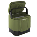 angled view of the eco-chill 33 camo green coolbox with the lid being held open by the handle