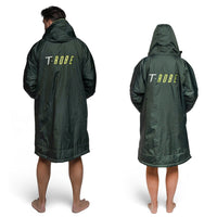 rear view image of a man and woman wearing the Deep green / Lime green T-Robe