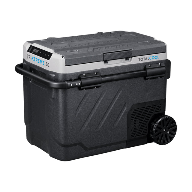 angled Image of the TF-XTREME-50 Grey portable fridge freezer with the lid closed